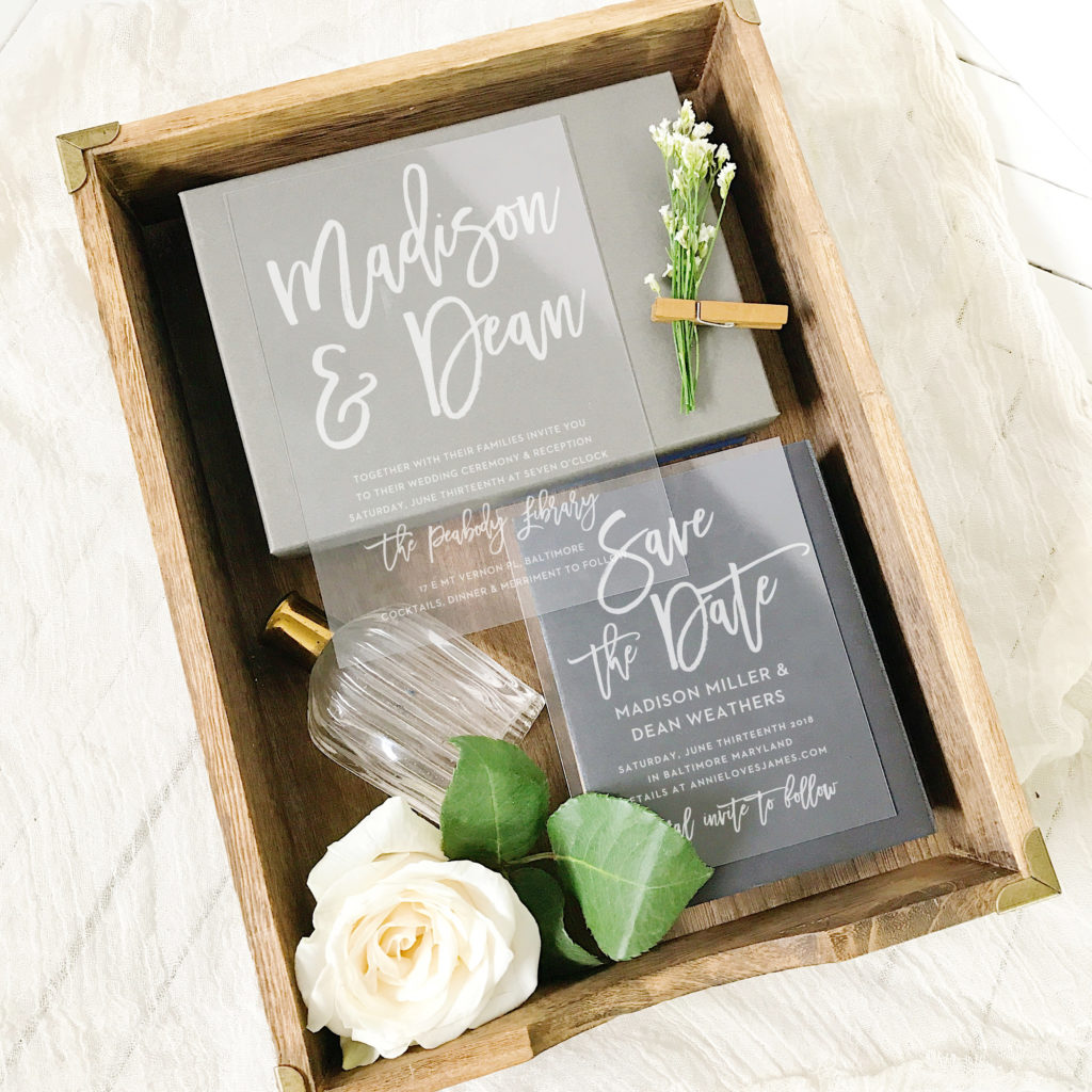 clear vinyl wedding invitation suite from Basic Invite in styled keepsake box